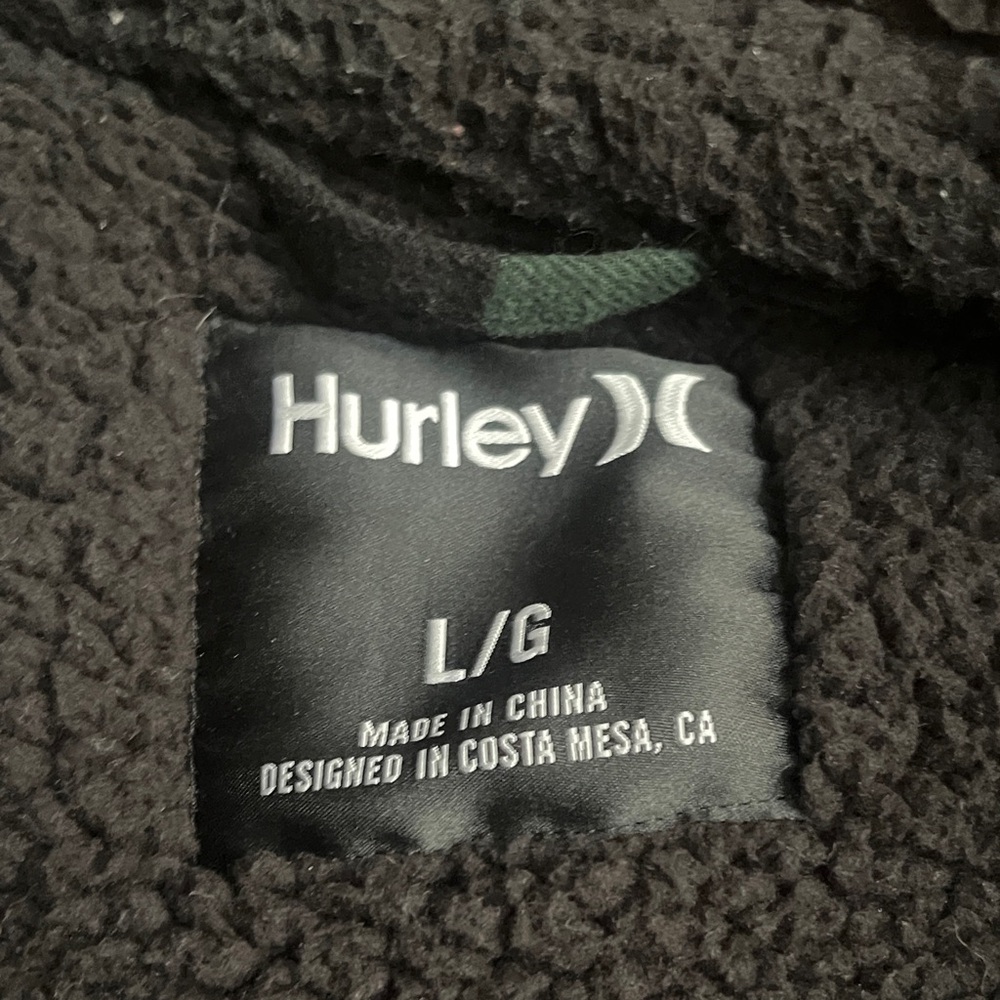 Hurley Men's Black and Green Checkered Plaid Fleece Lined Jacketed Large - Picture 4 of 5